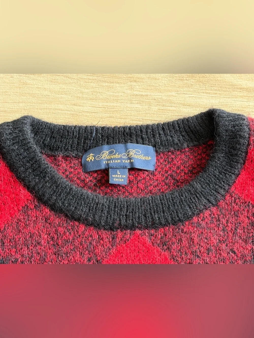 Brooks Brothers Italian Yarn Buffalo Plaid Wool Blend Sweater Red Black Large